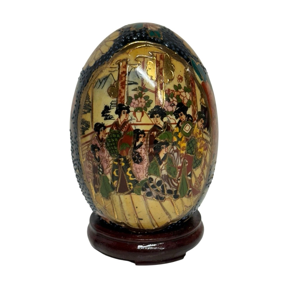 Vintage Chinese Satsuma Egg Geisha Girl Moriage‎ Cloisonne Wooden Stand 5"